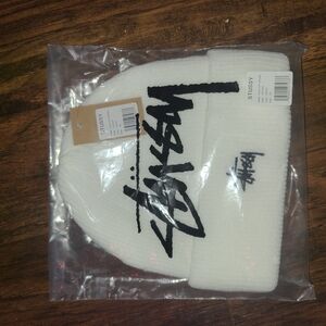 Stussy White Knit Beanie with Black Script